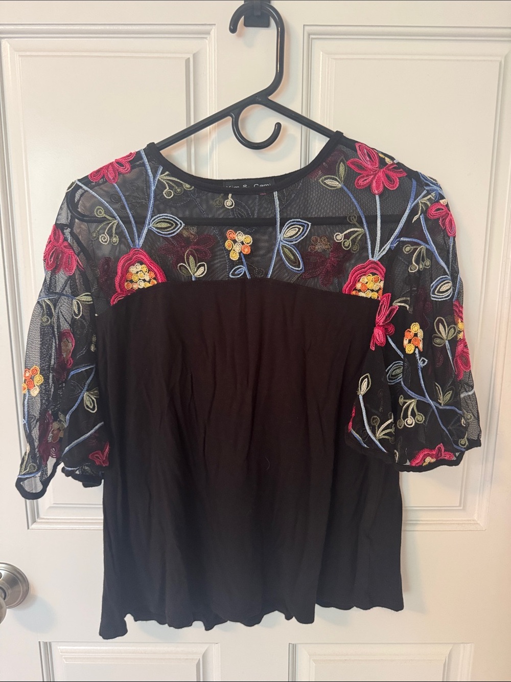 Kim & Cami Black Top with Pink, Yellow and Blue Floral Embroidery